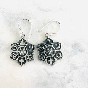Sterling Silver Coexist Symbol Lotus Flower Earrings Multi-Faith Symbol Earrings